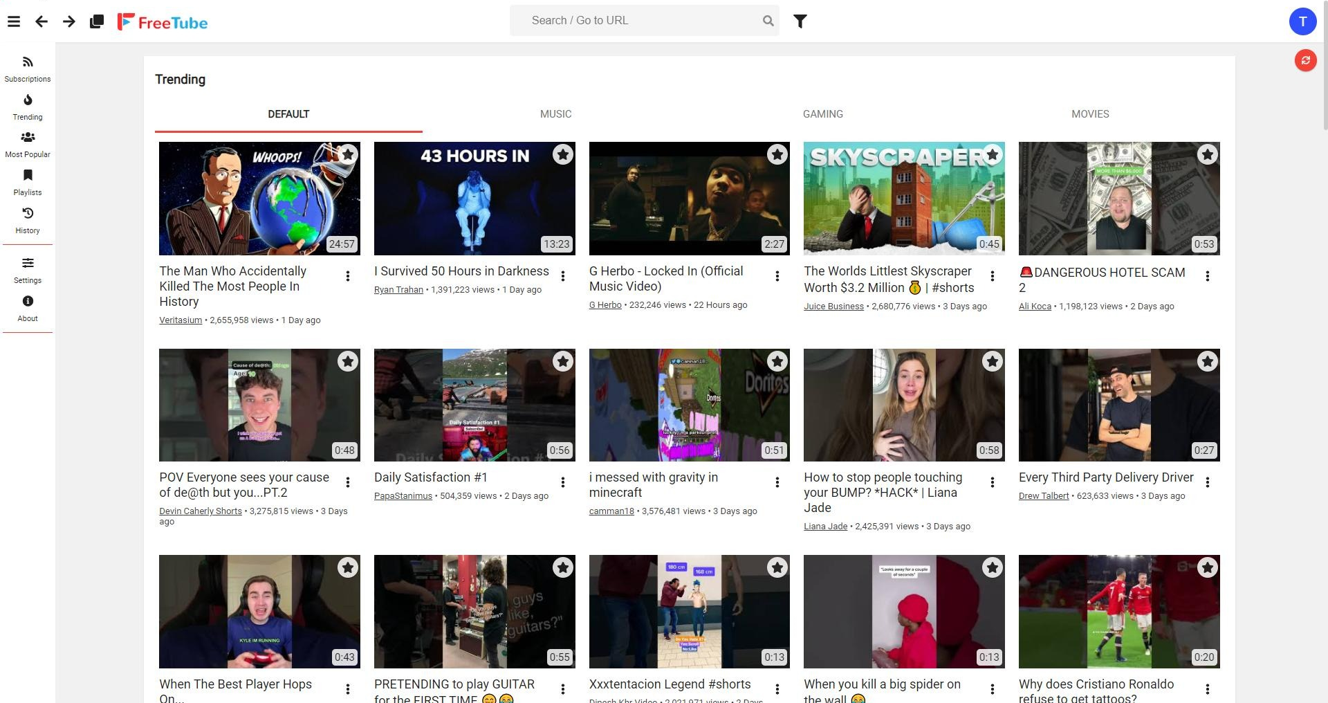 FreeTube's Latest Subscriptions using the grid view